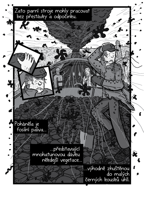 Zato parní stroje mohly pracovat bez přestávky a odpočinku. Poháněla je fosilní paliva představující mnohatunovou dávku někdejší vegetace výhodně zhuštěnou do malých černých kousků uhlí.