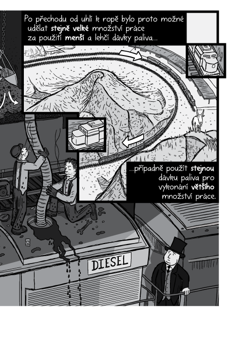 Po přechodu od uhlí k ropě bylo proto možné udělat stejně velké množství práce za použití menší a lehčí dávky paliva případně použít stejnou dávku paliva pro vykonání většího množství práce.