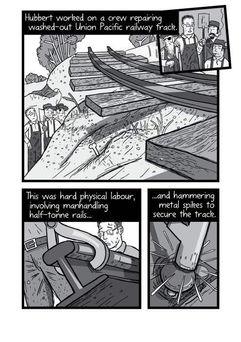Cartoon railway gang. Black and white workers repairing damaged train tracks. Hubbert worked on a crew repairing washed-out Union Pacific railway track. This was hard physical labour, involving manhandling half-tonne rails, and hammering metal spikes to secure the track.