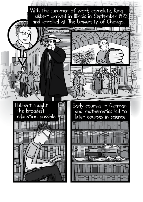 Black and white portrait view of cartoon student studying books in university library. With the summer of work complete, King Hubbert arrived in Illinois in September 1923, and enrolled at the University of Chicago. Hubbert sought the broadest education possible. Early courses in German and mathematics led to later courses in science.