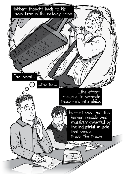 Cartoon character thinking, black and white thought balloon. Hubbert thought back to his own time in the railway crew. The sweat, the toil, the effort required to wrangle those rails into place. Hubbert saw that this human muscle was massively dwarfed by the industrial muscle that would travel the tracks.