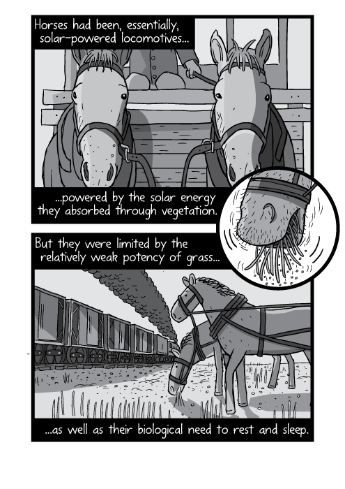 Cartoon drawings of harnessed horses black and white. Horses had been, essentially, solar-powered locomotives powered by the solar energy they absorbed through vegetation. But they were limited by the relatively weak potency of grass, as well as their biological need to rest and sleep.