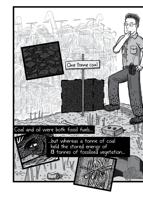 Man standing next to pile of coal, cartoon drawing. One tonne coal. Coal and oil were both fossil fuels, but whereas a tonne of coal held the stored energy of 13 tonnes of fossilised vegetation...