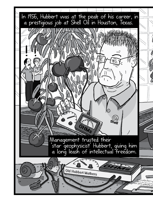 Cartoon drawing of man in greenhouse with tomato plants. Parody of L. Ron Hubbert tomato pose. In 1956, Hubbert was at the peak of his career, in a dream job at Shell Oil in Houston, Texas. Management trusted their ‘star geophysicist’ Hubbert, giving him a long leash of intellectual freedom.