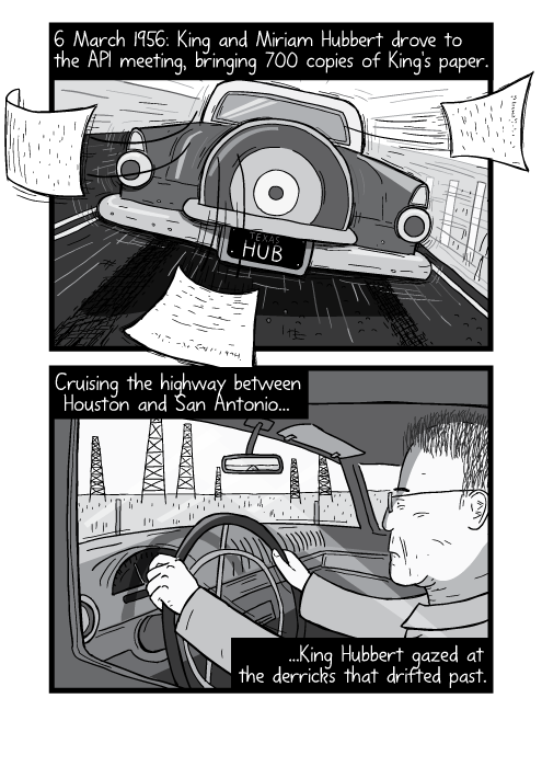 Black and white rear view of Ford Thunderbird car driving, cartoon. 6 March 1956: King and Miriam Hubbert drove to the API meeting, bringing 700 copies of King's paper. Cruising the highway between Houston and San Antonio, King Hubbert gazed at the derricks that drifted past.