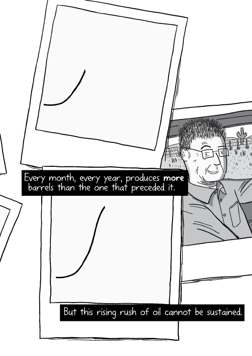 Polaroid photo cartoon of man driving car down highway. Every month, every year, produces more barrels than the one that preceded it. But this rising rush of oil cannot be sustained.