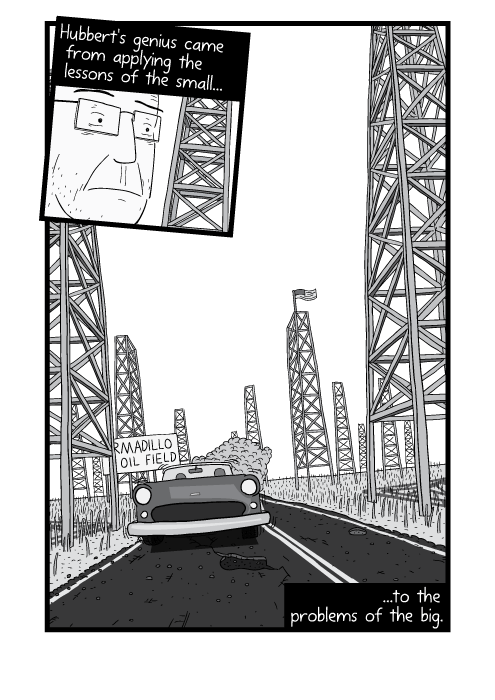 Low angle view of car approaching on dusty highway road. Hubbert's genius came from applying the lessons of the small to the problems of the big.