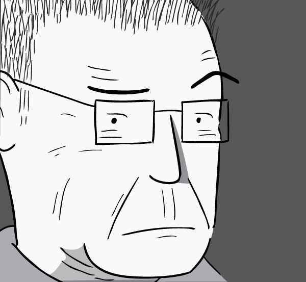 Close-crop of cartoon man with glasses, looking doubtful and sceptical. Black and white drawing of older man's face.