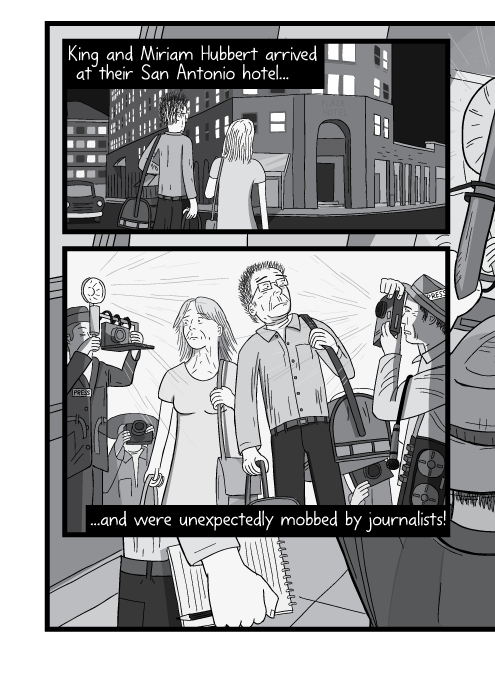 Low angle cartoon husband and wife surrounded by photographers. King and Miriam Hubbert arrived at their San Antonio hotel and were unexpectedly mobbed by journalists!