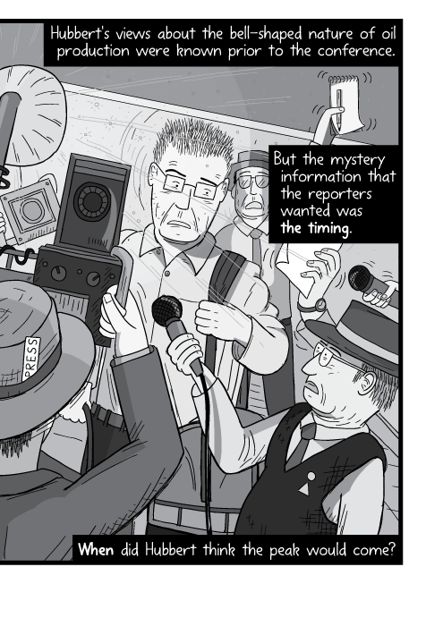 Cartoon man mobbed by photographers. Black and white paparazzi drawing. Hubbert's views about the bell-shaped nature of oil production were known prior to the conference. But the mystery information that the reporters wanted was the timing. When did Hubbert think the peak would come?