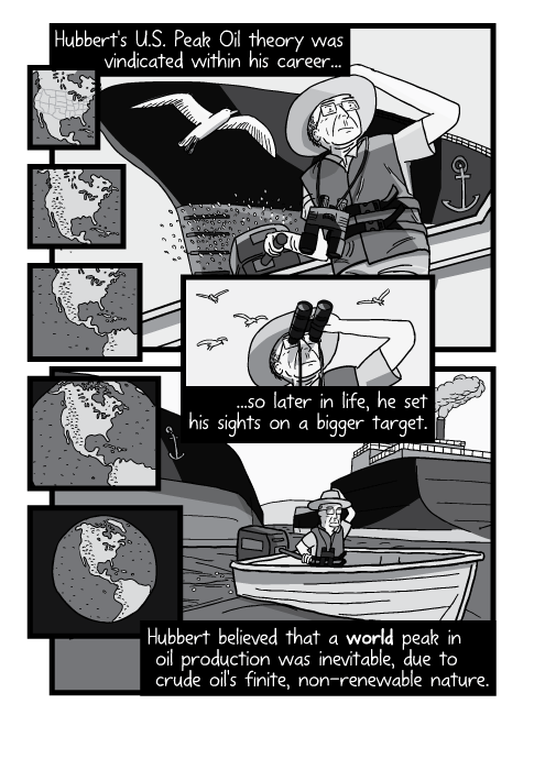 Low angle cartoon drawing of man driving boat with tiller engine. Hubbert's U.S. Peak Oil theory was vindicated within his career, so later in life, he set his sights on a bigger target. Hubbert believed that a world peak in oil production was inevitable, due to crude oil's finite, non-renewable nature.
