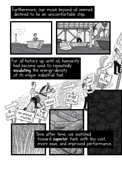 Diagram illustration of relative energy density of grass, wood, coal and oil. Furthermore, our move beyond oil seemed destined to be an uncomfortable step. For all history up until oil, humanity had become used to repeatedly escalating the energy-density of its major industrial fuel. Time after time, we switched toward superior fuels with less cost, more ease, and improved performance. Grass (via animal muscles). Wood. Coal. Oil.