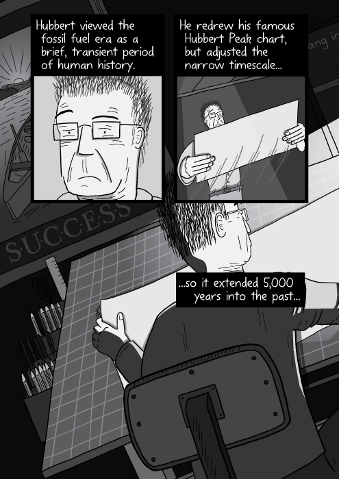 Cartoon view over should of man at drafting table. Drawing on grid paper illustration. Hubbert viewed the fossil fuel era as a brief, transient period of human history. He redrew his famous Hubbert Peak chart, but adjusted the narrow timescale so it extended 5,000 years into the past...