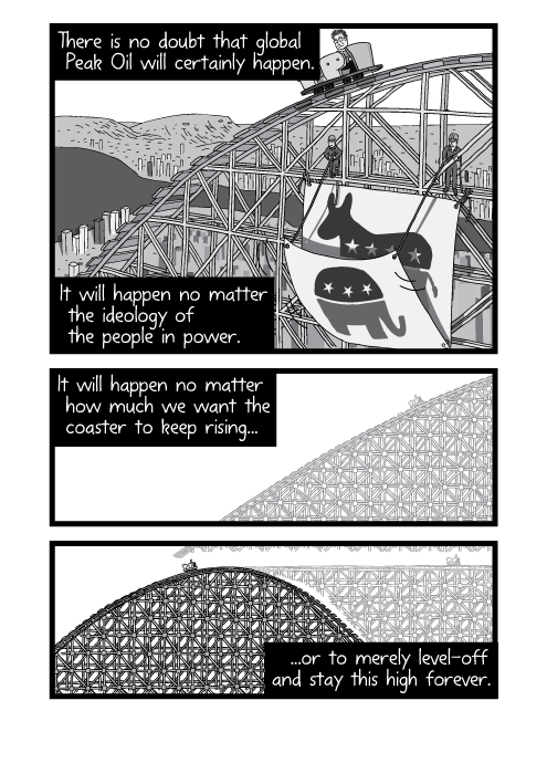 Cartoon workers repairing roller coaster. There is no doubt that global Peak Oil will certainly happen. It will happen no matter the ideology of the people in power. It will happen no matter how much we want the coaster to keep rising, or to merely level-off and stay this high forever.