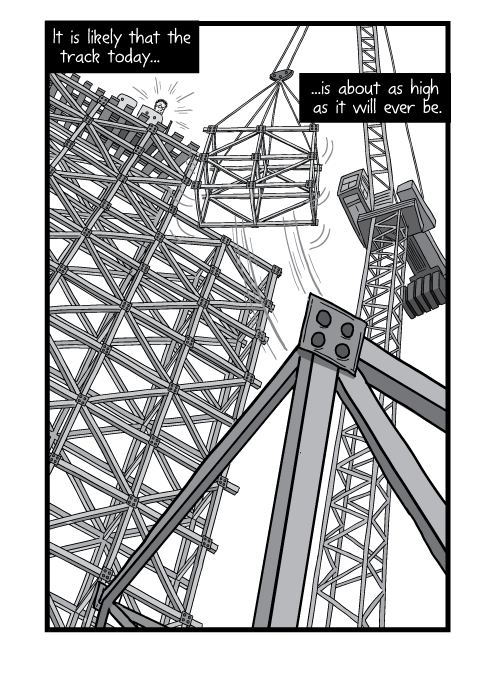 Low angle view of cartoon roller coaster with crane raising load. It is likely that the track today is about as high as it will ever be.