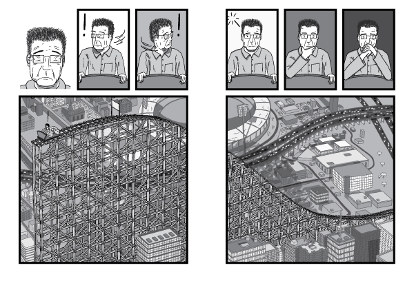 Comic book drawing of worried man in rollercoaster car. High angle incomplete rollercoaster built in the middle of a city.