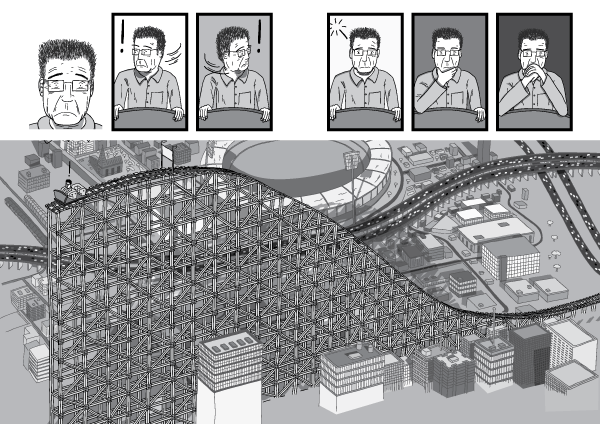A half-complete roller coaster structure towers above a city. High-angle view of rollercoaster slope. Black and white cartoon drawing of worried man in roller coaster car.