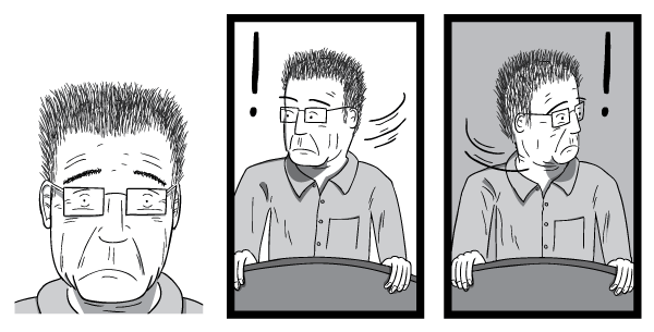 Cartoon triptych of man. 3 drawings of geologist M. King Hubbert by cartoonist Stuart McMillen #1.