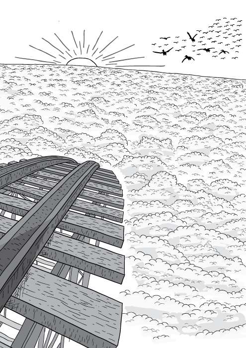 High angle black and white view of clouds and sunset in horizon.