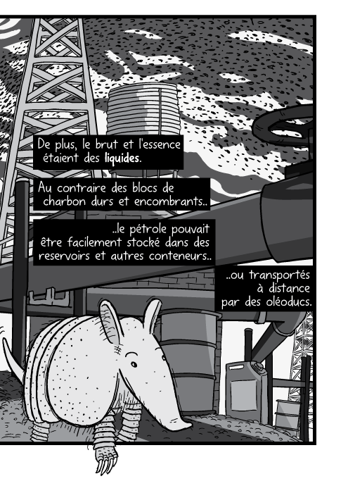 Dessin d'un tatou en gros plan et contre plongée. De plus, le brut et l'essence étaient des liquides. Au contraire des blocs de charbon durs et encombrants le pétrole pouvait être facilement stocké dans des reservoirs et autres conteneurs ou transportés à distance par des oléoducs.