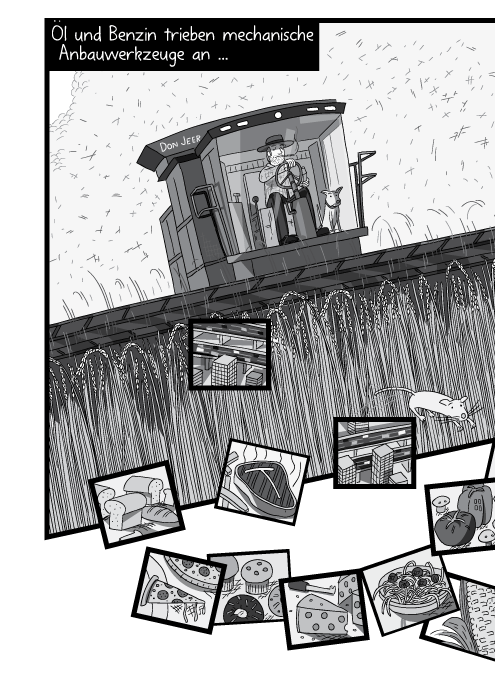 Ein Mähdrescher auf einem Feld aus der Froschperspektive. Öl und Benzin trieben mechanische Anbauwerkzeuge an ...