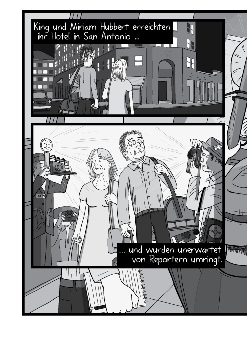 Froschperspektive auf Mann und Frau, wie sie von Fotographen umringt werden. King und Miriam Hubbert erreichten ihr Hotel in San Antonio und wurden unerwartet von Reportern umringt.