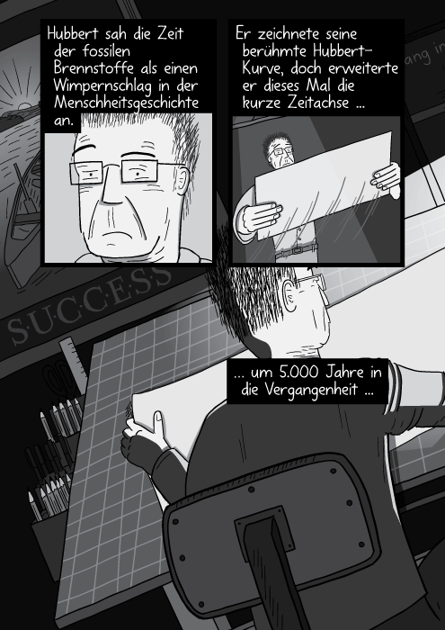 Ein Man steht an einem Zeichentisch und malt eine Kurve auf Milimeterpapier. Hubbert sah die Zeit der fossilen Brennstoffe als einen Wimpernschlag in der Menschheitsgeschichte an. Er zeichnete seine berühmte Hubbert-Kurve, doch erweiterte er dieses Mal die kurze Zeitachse um 5.000 Jahre in die Vergangenheit ...