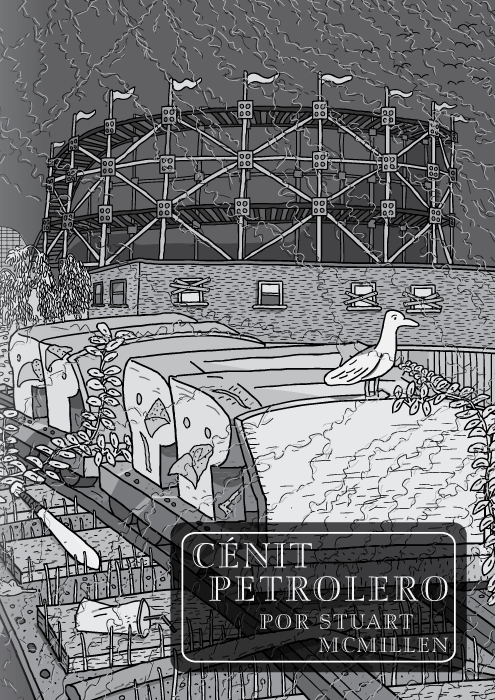 Tira cómica sobre el pico de petróleo de Stuart McMillen. Página Título. Montaña Rusa de los Pintores de la Casa Roja. Dibujo en blanco y negro de un carruaje de montaña rusa abandonado en un parque de diversiones.
