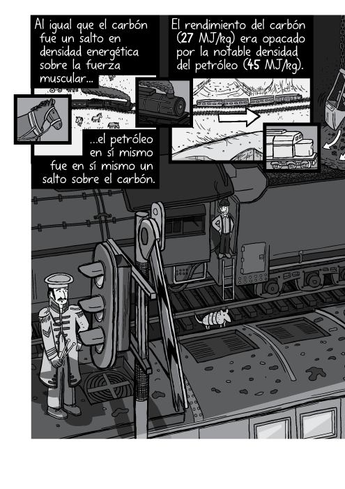 Tira cómica de ángulo alto de las señales del tren en una estación. Al igual que el carbón fue un salto en densidad energética sobre la fuerza muscular el petróleo en sí mismo fue en sí mismo un salto sobre el carbón. El rendimiento del carbón (27 MJ/kg) era opacado por la notable densidad del petróleo (45 MJ/kg).