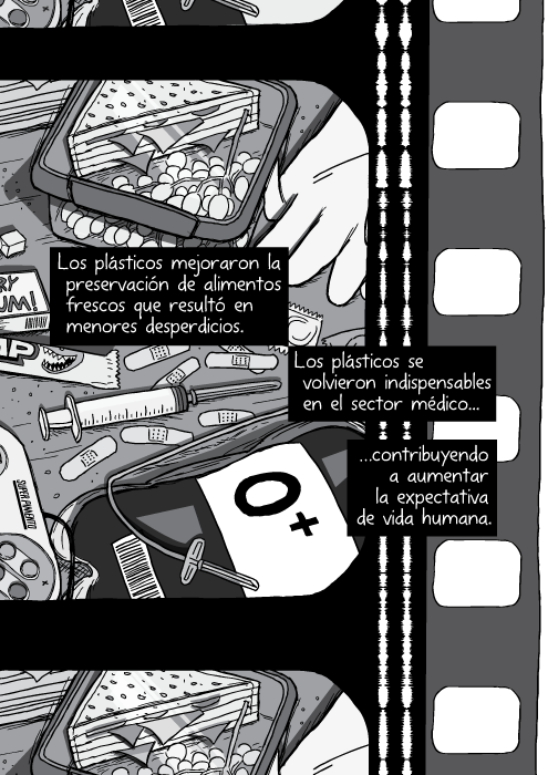 Blanco y negro cómica. Los plásticos mejoraron la preservación de alimentos frescos que resultó en menores desperdicios. Los plásticos se volvieron indispensables en el sector médico contribuyendo a aumentar la expectativa de vida humana.