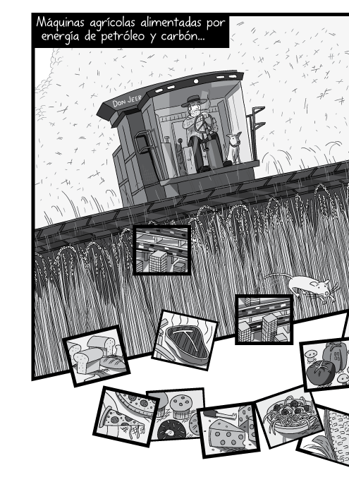 Blanco y negro cómica. Máquinas agrícolas alimentadas por energía de petróleo y carbón...
