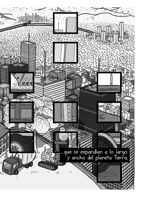 Blanco y negro cómica. …que se expandían a lo largo y ancho del planeta Tierra.