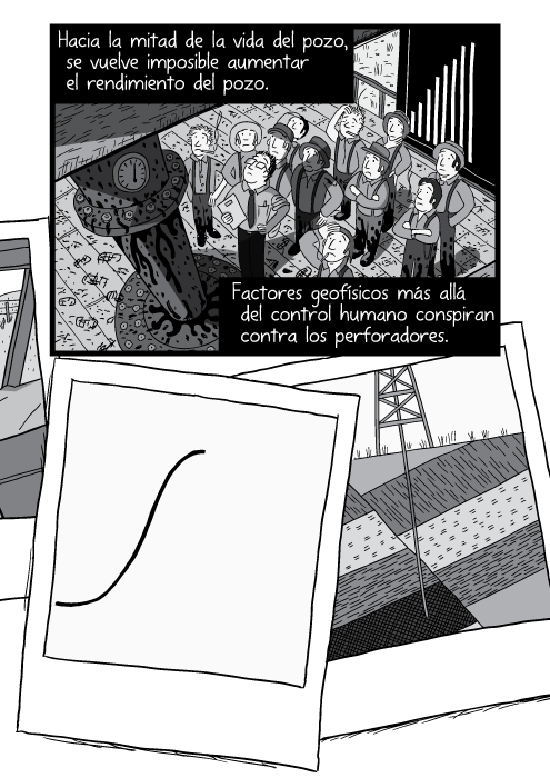 Blanco y negro cómica. Hacia la mitad de la vida del pozo, se vuelve imposible aumentar el rendimiento del pozo. Factores geofísicos más allá del control humano conspiran contra los perforadores.