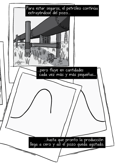 Blanco y negro cómica. Para estar seguros, el petróleo continúa extrayéndose del pozo pero fluye en cantidades cada vez más y más pequeñas hasta que pronto la producción llega a cero y así el pozo queda agotado.