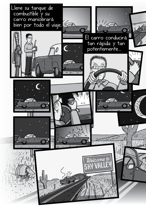 Blanco y negro cómica. Llene su tanque de combustible y su carro maniobrará bien por todo el viaje. El carro conducirá tan rápida y tan potentemente…