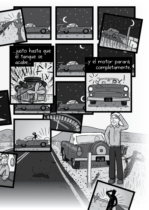 Blanco y negro cómica. …justo hasta que el tanque se acabe y el motor parará completamente.