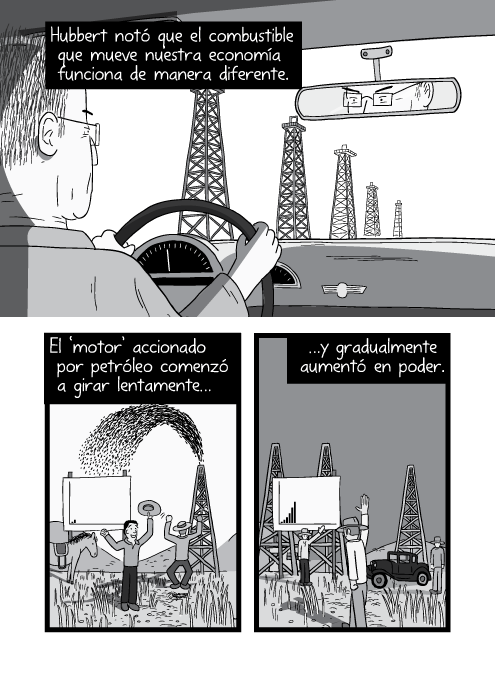 Blanco y negro cómica. Hubbert notó que el combustible que mueve nuestra economía funciona de manera diferente. El ‘motor’ accionado por petróleo comenzó a girar lentamente y gradualmente aumentó en poder.