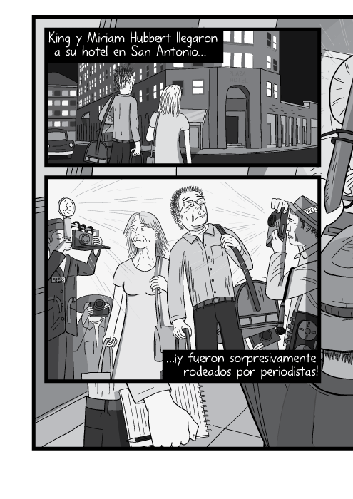 Blanco y negro cómica. King y Miriam Hubbert llegaron a su hotel en San Antonio ¡y fueron sorpresivamente rodeados por periodistas!