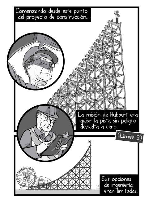 Blanco y negro cómica. Comenzando desde este punto del proyecto de construcción. La misión de Hubbert era guiar la pista sin peligro devuelta a cero. Sus opciones de ingeniería eran limitadas.