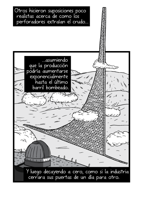 Blanco y negro cómica. Otros hicieron suposiciones poco realistas acerca de como los perforadores extraían el crudo asumiendo que la producción podría aumentarse exponencialmente hasta el último barril bombeado. Y luego decayendo a cero, como si la industria cerrara sus puertas de un día para otro.