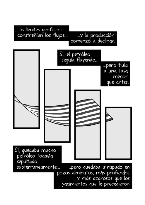 …los límites geofísicos constreñían los flujos y la producción comenzó a declinar. Sí, el petróleo seguía fluyendo pero fluía a una tasa menor que antes. Sí, quedaba mucho petróleo todavía sepultado subterráneamente pero quedaba atrapado en pozos diminutos, más profundos, y más azarosos que los yacimientos que le precedieron.