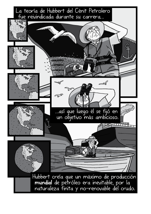 Vista inferior cómica dibujo hombre conduciendo manejando bote lancha de motor. La teoría de Hubbert del Cénit Petrolero fue reivindicada durante su carrera así que luego él se fijó en un objetivo más ambicioso. Hubbert creía que un máximo de producción mundial de petróleo era inevitable, por la naturaleza finita y no-renovable del crudo.