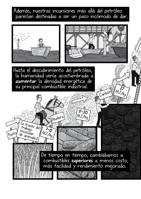 Ilustración diagrama de la densidad energética relativa del pasto, madera, carbón y petróleo. Además, nuestras incursiones más allá del petróleo parecían destinadas a ser un paso incómodo de dar. Hasta el descubrimiento del petróleo, la humanidad venía acostumbrada a aumentar la densidad energética de su principal combustible industrial. De tiempo en tiempo, cambiábamos a combustibles superiores a menos costo, más facilidad y rendimiento mejorado. Pasto (a través del trabajo muscular de animales). Madera. Carbón. Petróleo.