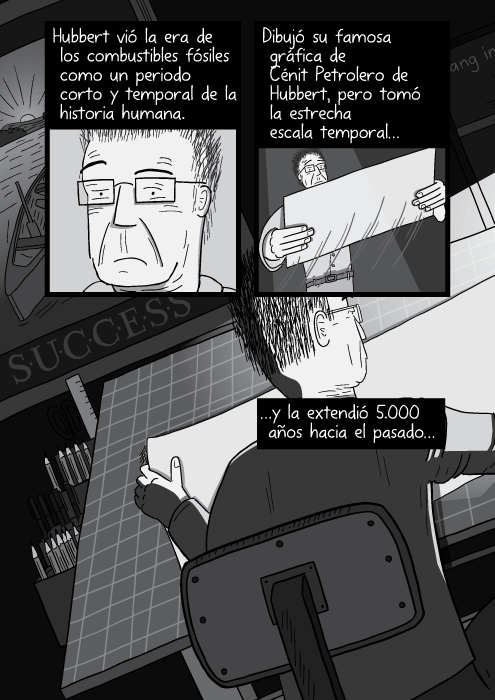 Blanco y negro cómica. Hubbert vió la era de los combustibles fósiles como un periodo corto y temporal de la historia humana. Dibujó su famosa gráfica de Cénit Petrolero de Hubbert, pero tomó la estrecha escala temporal y la extendió 5.000 años hacia el pasado…