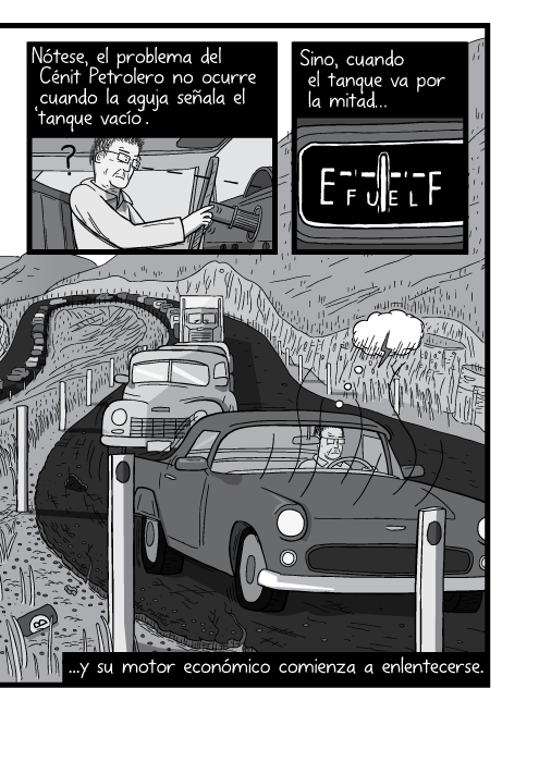 Blanco y negro cómica. Nótese, el problema del Cénit Petrolero no ocurre cuando la aguja señala el ‘tanque vacío’. Sino, cuando el tanque va por la mitad y su motor económico comienza a enlentecerse.