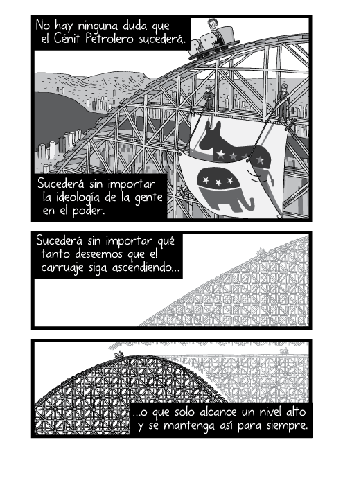 Blanco y negro cómica. No hay ninguna duda que el Cénit Petrolero sucederá. Sucederá sin importar la ideología de la gente en el poder. Sucederá sin importar qué tanto deseemos que el carruaje siga ascendiendo o que solo alcance un nivel alto y se mantenga así para siempre.