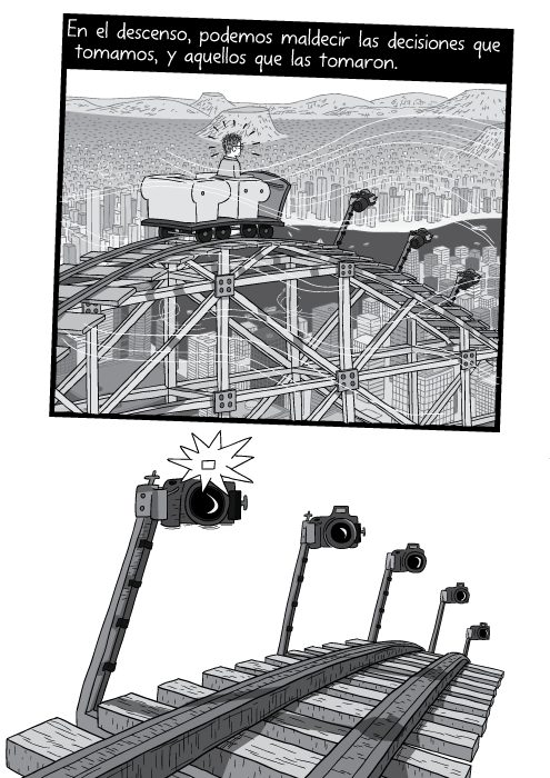 Blanco y negro cómica. En el descenso, podemos maldecir las decisiones que tomamos, y aquellos que las tomaron.