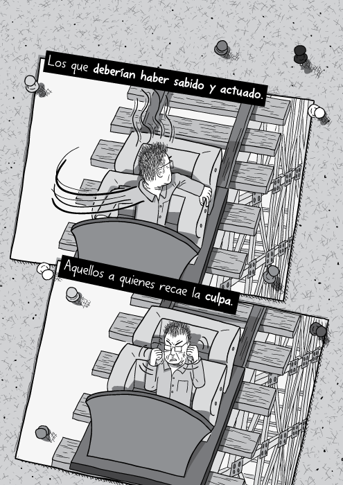 Blanco y negro cómica. Los que deberían haber sabido y actuado. Aquellos a quienes recae la culpa.