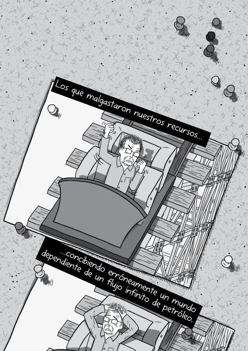 Blanco y negro cómica. Los que malgastaron nuestros recursos concibiendo erróneamente un mundo dependiente de un flujo infinito de petróleo.