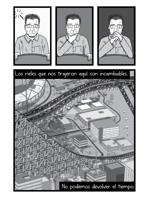 Blanco y negro cómica. Los rieles que nos trajeron aquí son incambiables. No podemos devolver el tiempo.
